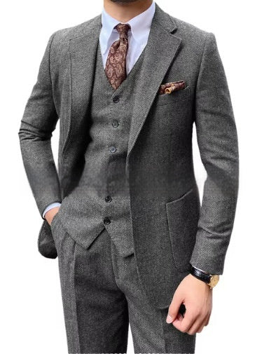 Men's Herringbone Single-breasted Casual Slim Suit Set