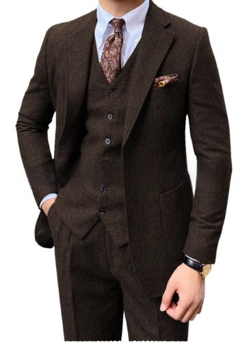 Men's Herringbone Single-breasted Casual Slim Suit Set