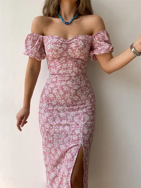 Floral Print Short Sleeve Hip Wrap Party Dress for Women