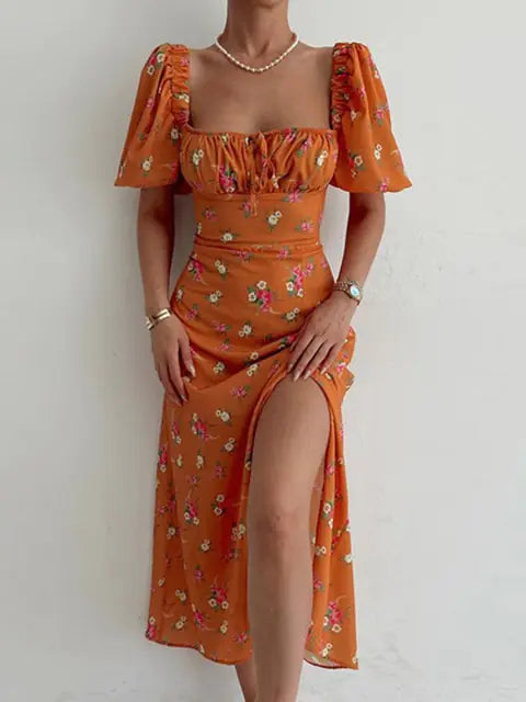 Floral Print Short Sleeve Hip Wrap Party Dress for Women