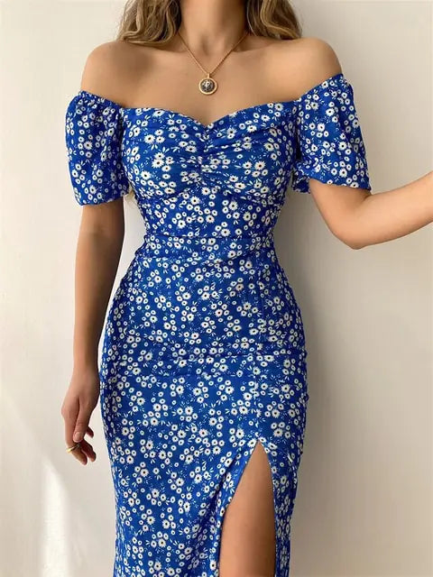 Floral Print Short Sleeve Hip Wrap Party Dress for Women