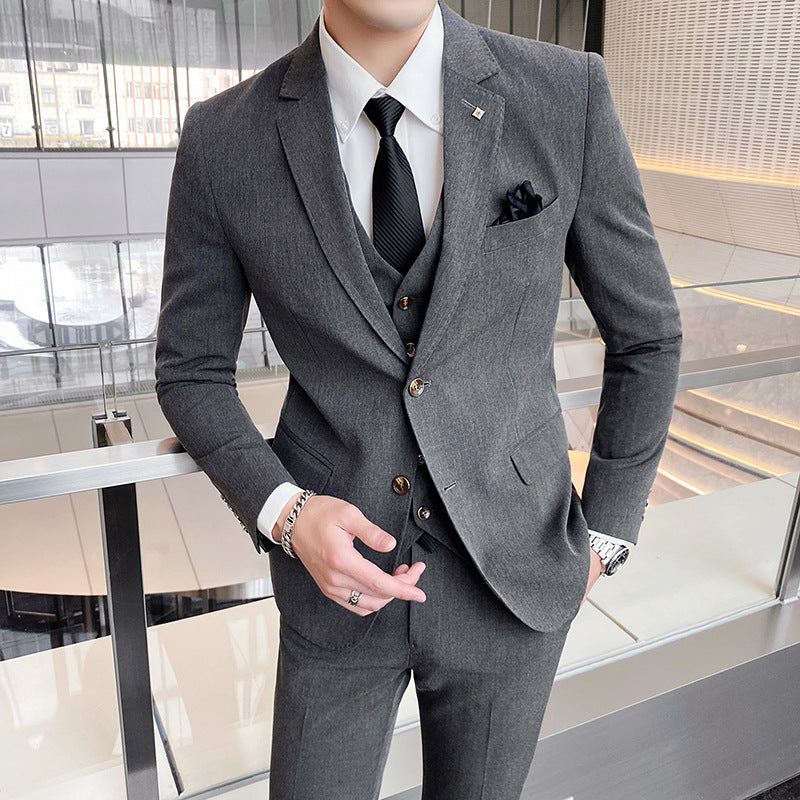 Casual Single Row Buckle Men's Suit Three-piece Set Gray