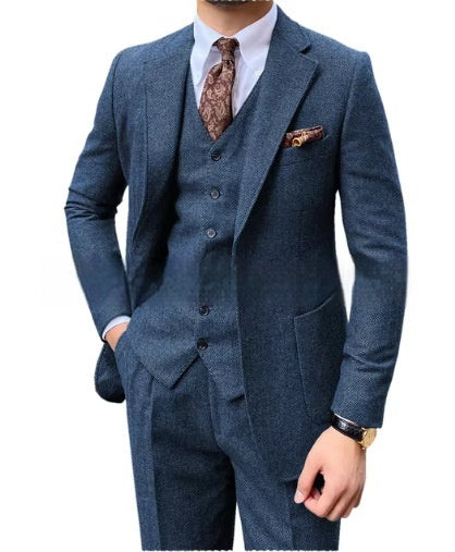 Men's Herringbone Single-breasted Casual Slim Suit Set